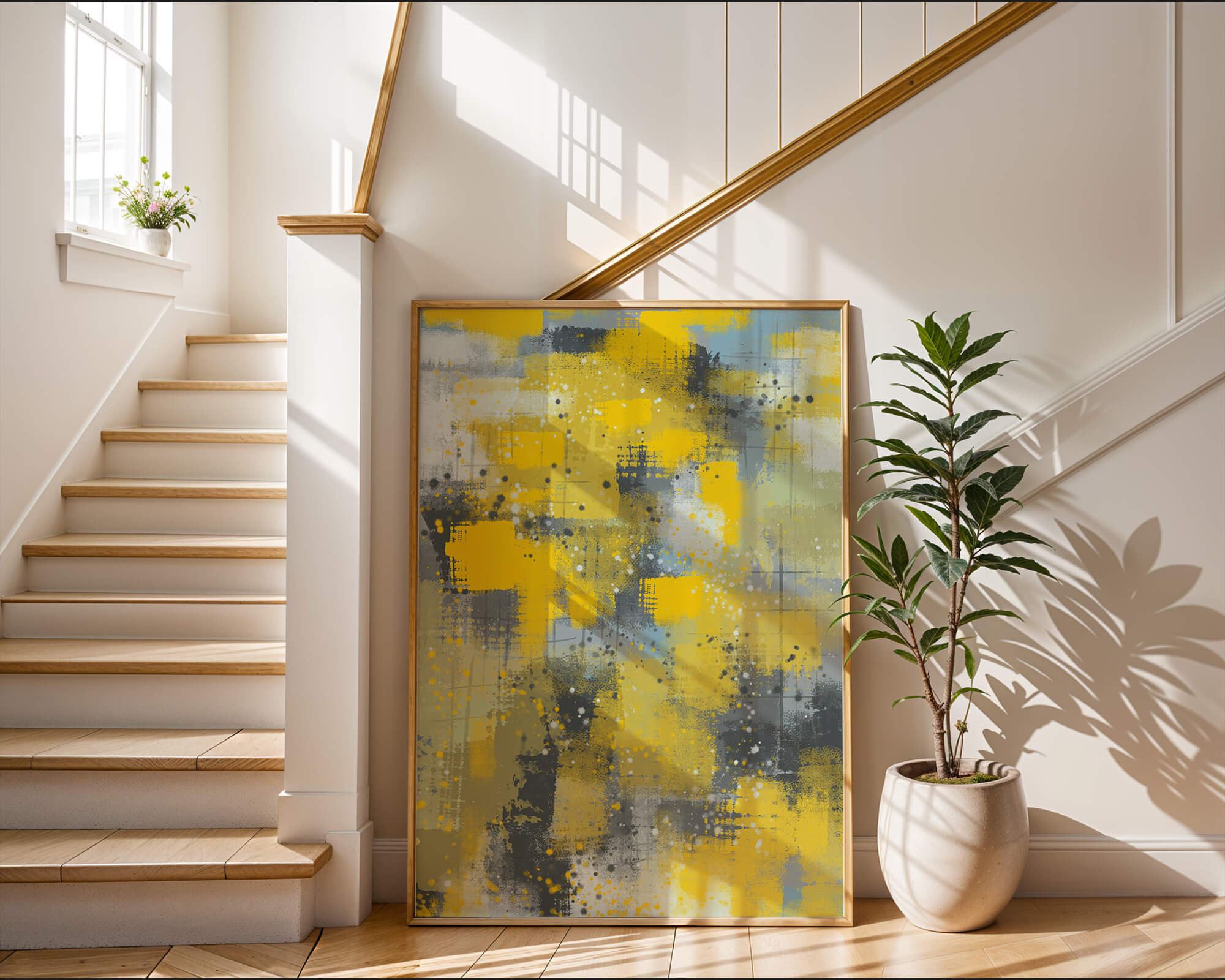 Abstract Yellow and Gray Geometric Art with Textured Patterns - Mi tienda