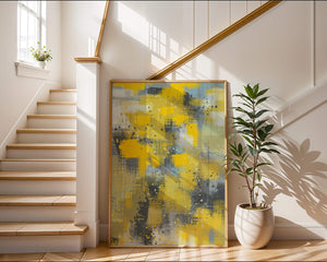 Abstract Yellow and Gray Geometric Art with Textured Patterns - Mi tienda