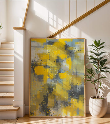 Abstract Yellow and Gray Geometric Art with Textured Patterns