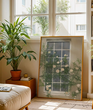 Floral Window with Climbing Roses in a Tranquil Setting