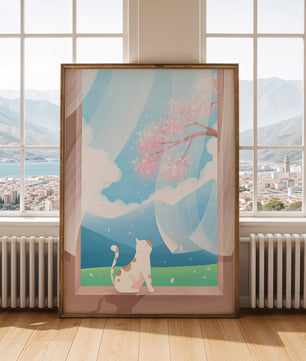 Serene scene with cat gazing out at cherry blossoms through window