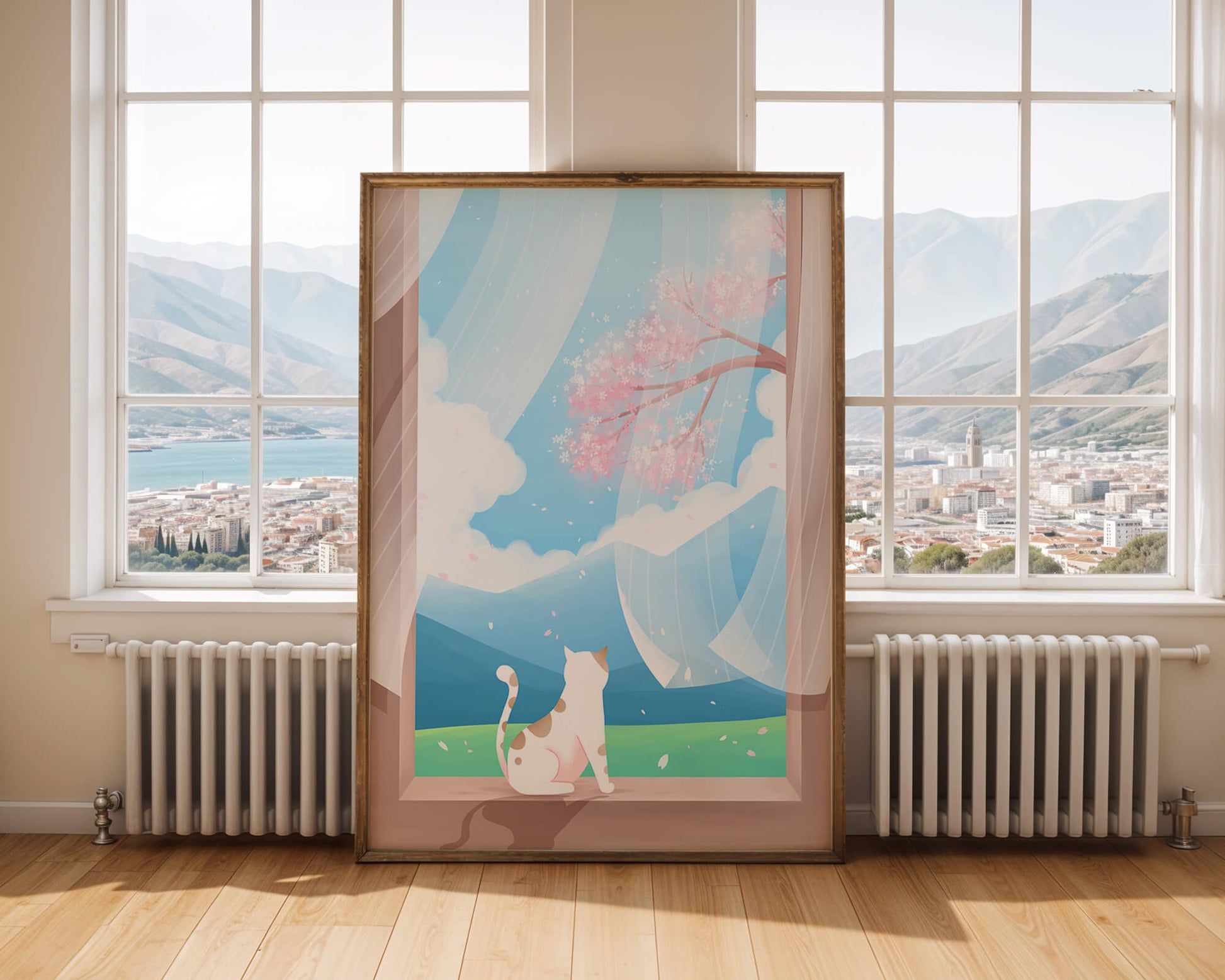 Serene scene with cat gazing out at cherry blossoms through window