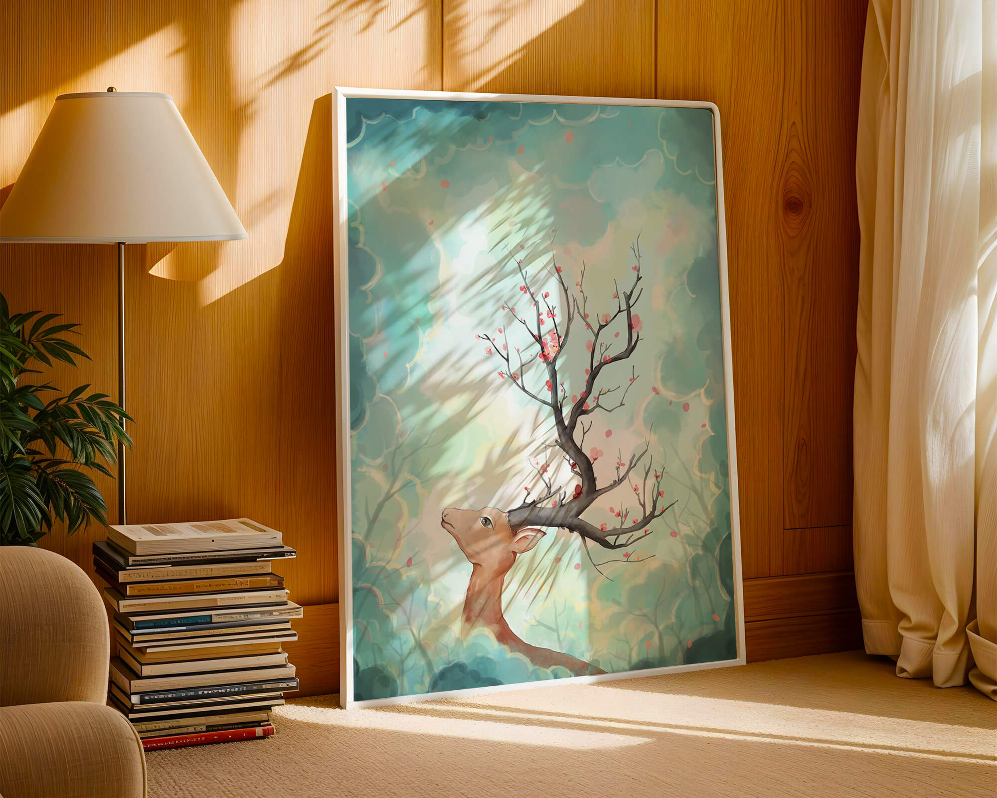 Surreal deer with branches for antlers in a pastel cloudy background