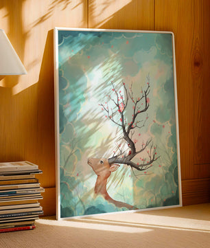 Ciervo surrealista con ramas como cuernos sobre fondo nublado en tonos pastel