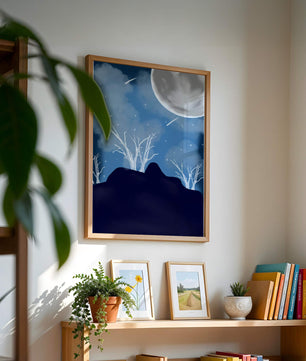 Paysage nocturne d'hiver avec arbres nus et pleine lune