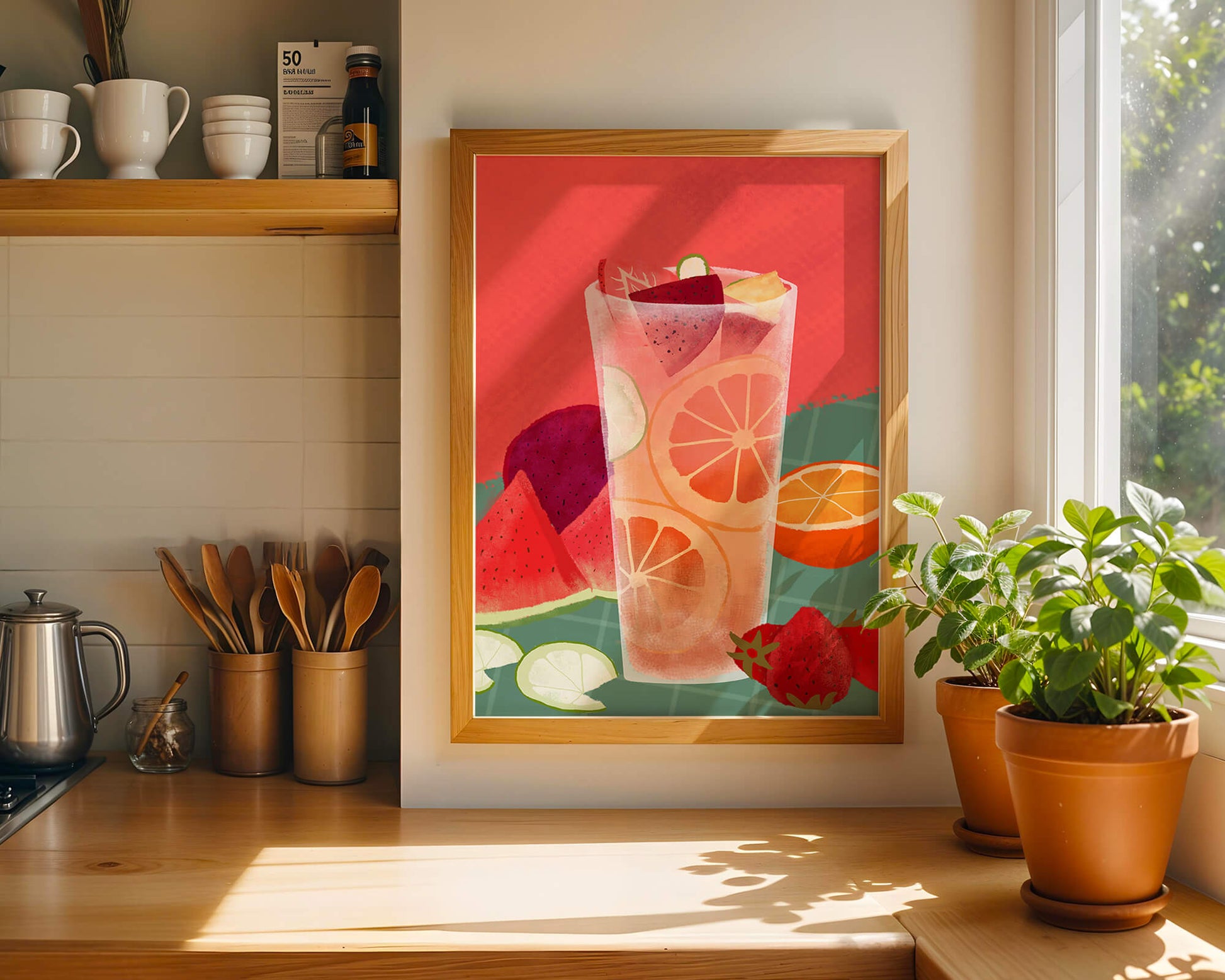 Ilustración de cóctel de frutas refrescante con cítricos y sandía.