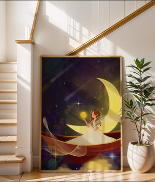 Enchanted night scene with a fairy on a crescent moon