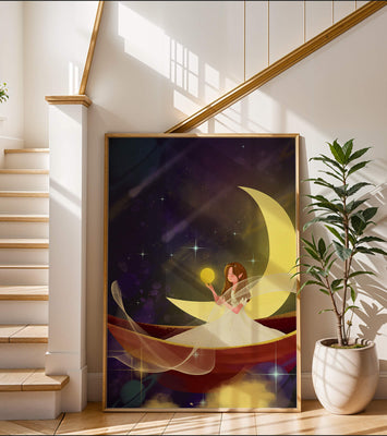 Enchanted night scene with a fairy on a crescent moon