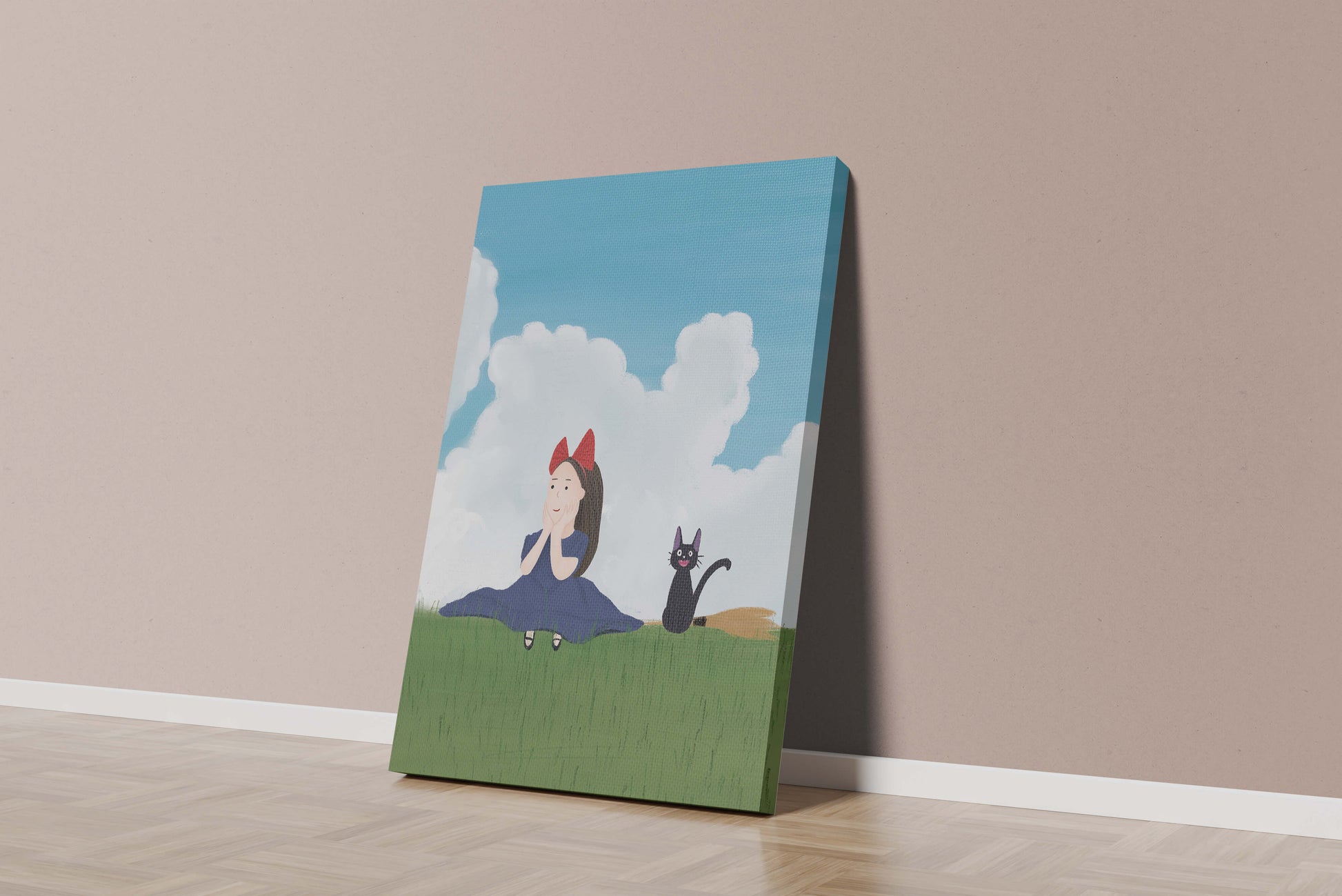 Girl with Red Bow and Cat in Lush Green Meadow