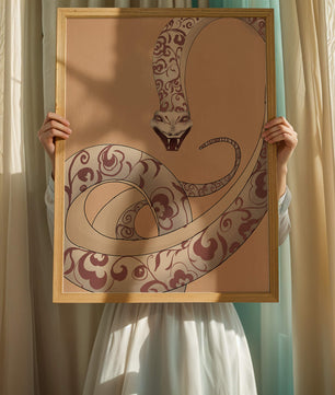 Elegant coiled snake with floral patterns in an artistic composition