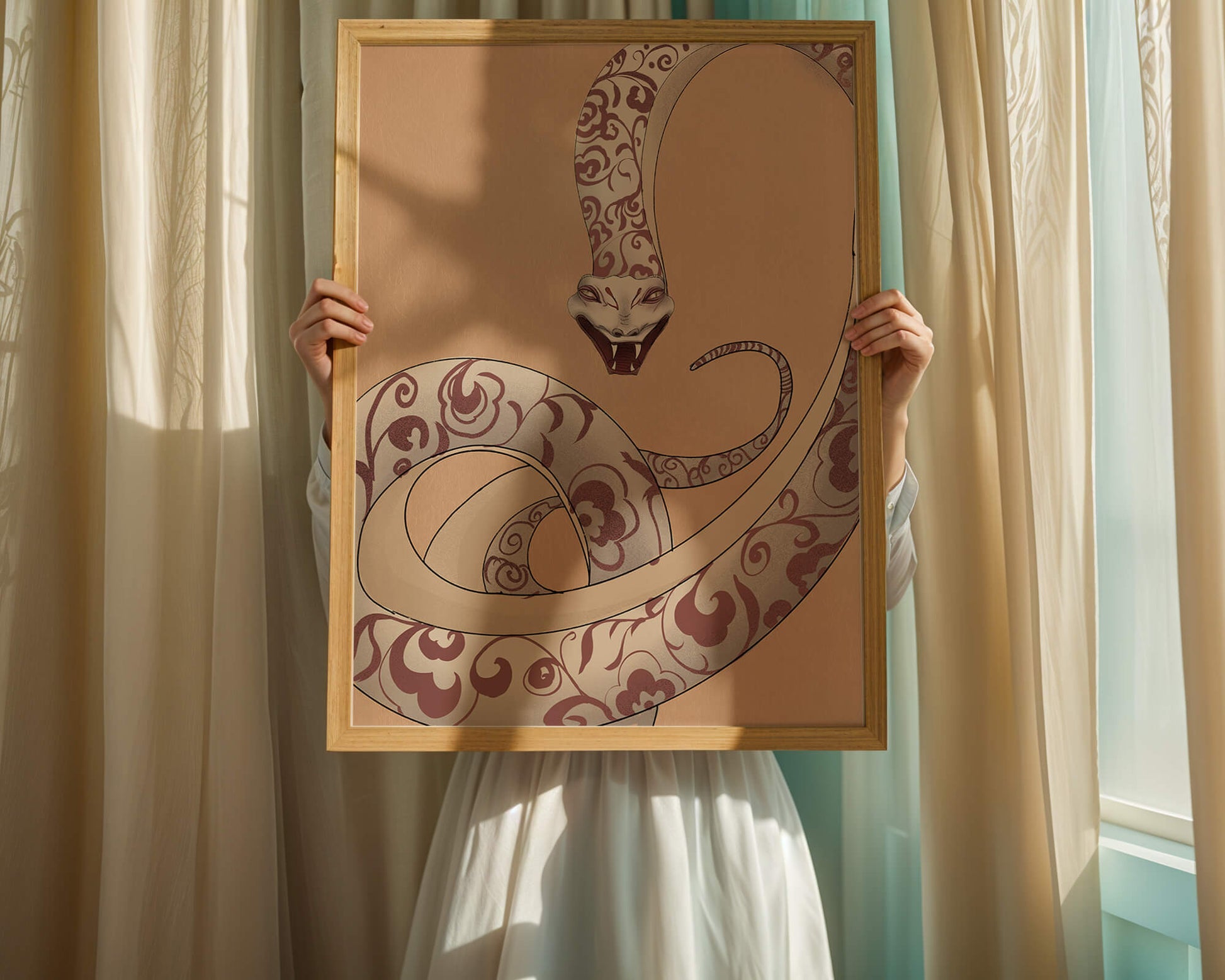Elegant coiled snake with floral patterns in an artistic composition