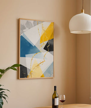 Abstract Geometric Art with Gold Accents in Blue, Yellow, and Gray - Mi tienda