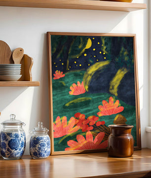 Mystical night garden with bright flowers and starlit sky