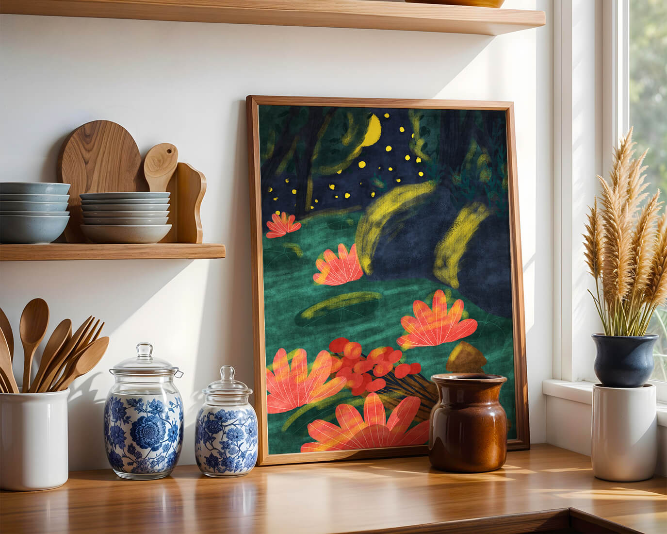 Mystical night garden with bright flowers and starlit sky