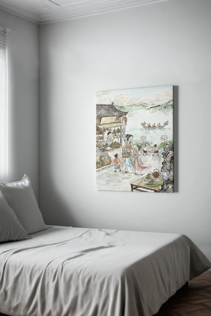 Escena tradicional del mercado chino con carreras de botes dragón