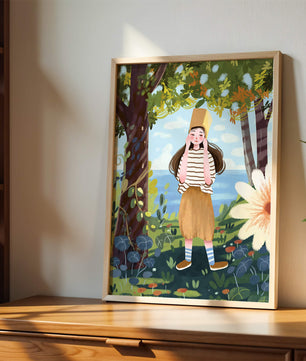 Whimsical Illustration of a Girl in Nature with Golden Hat