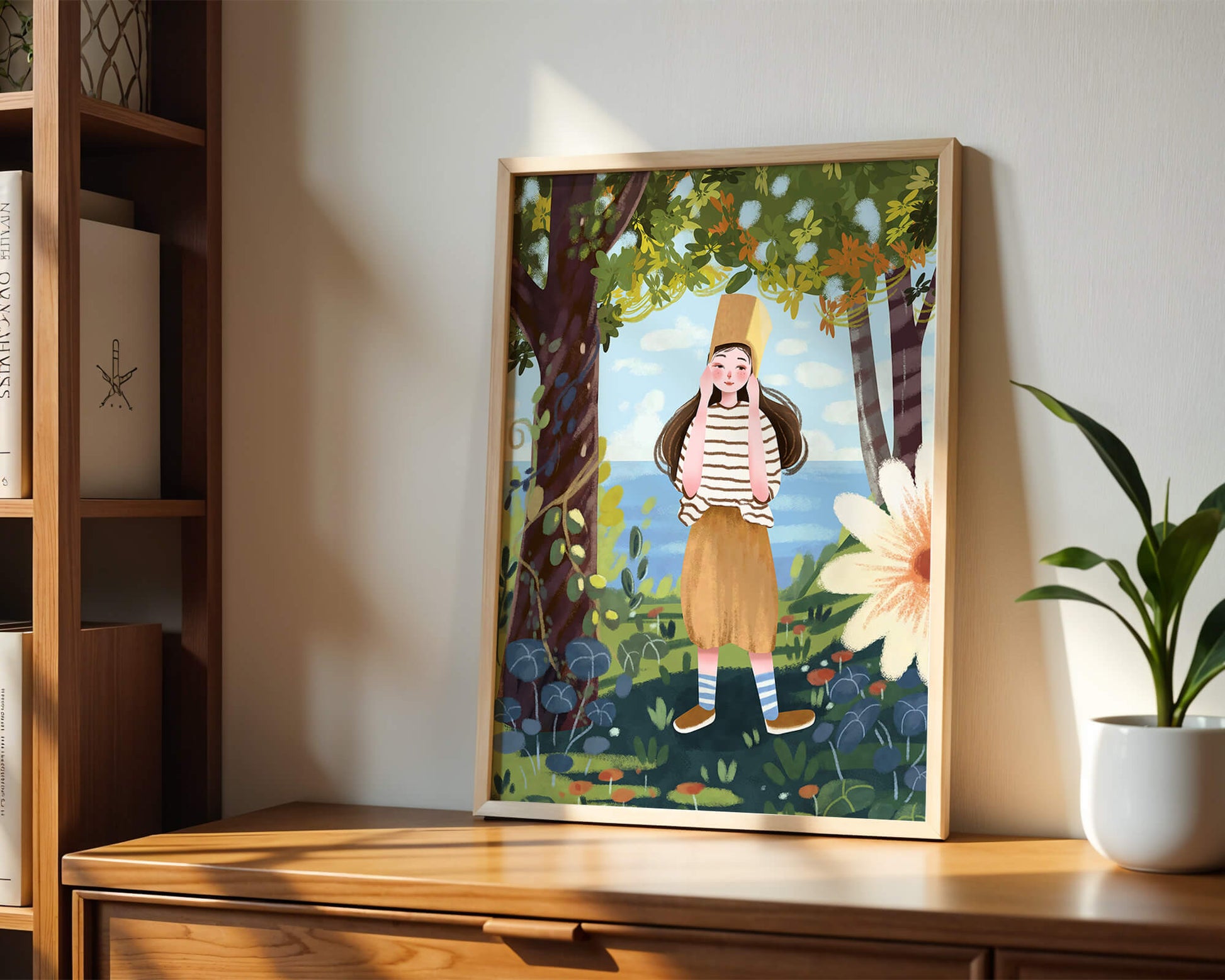 Whimsical Illustration of a Girl in Nature with Golden Hat
