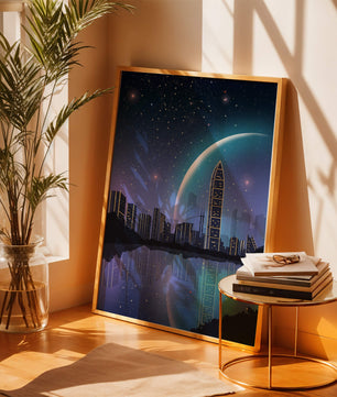 Paisaje urbano futurista bajo un cielo estrellado
