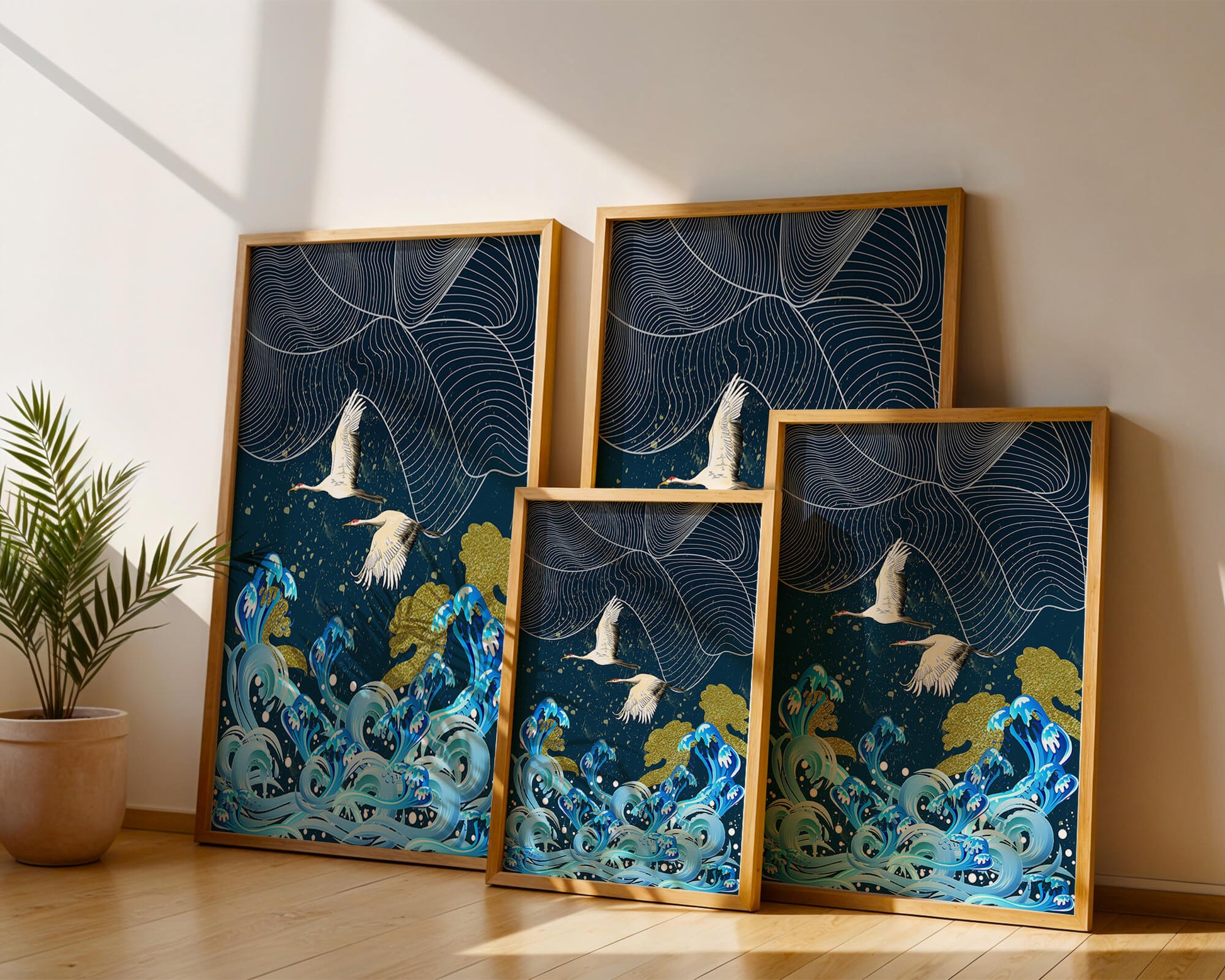 Elegant Cranes Flying Over Golden Waves and Artistic Ocean