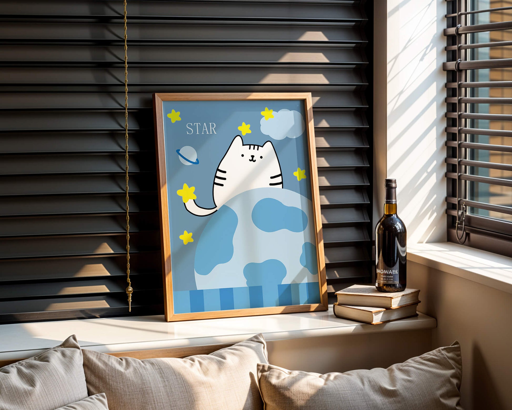 Illustration of a cute cat in space with stars and planets