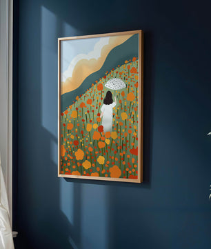Woman with Umbrella in Blooming Field on a Sunny Day