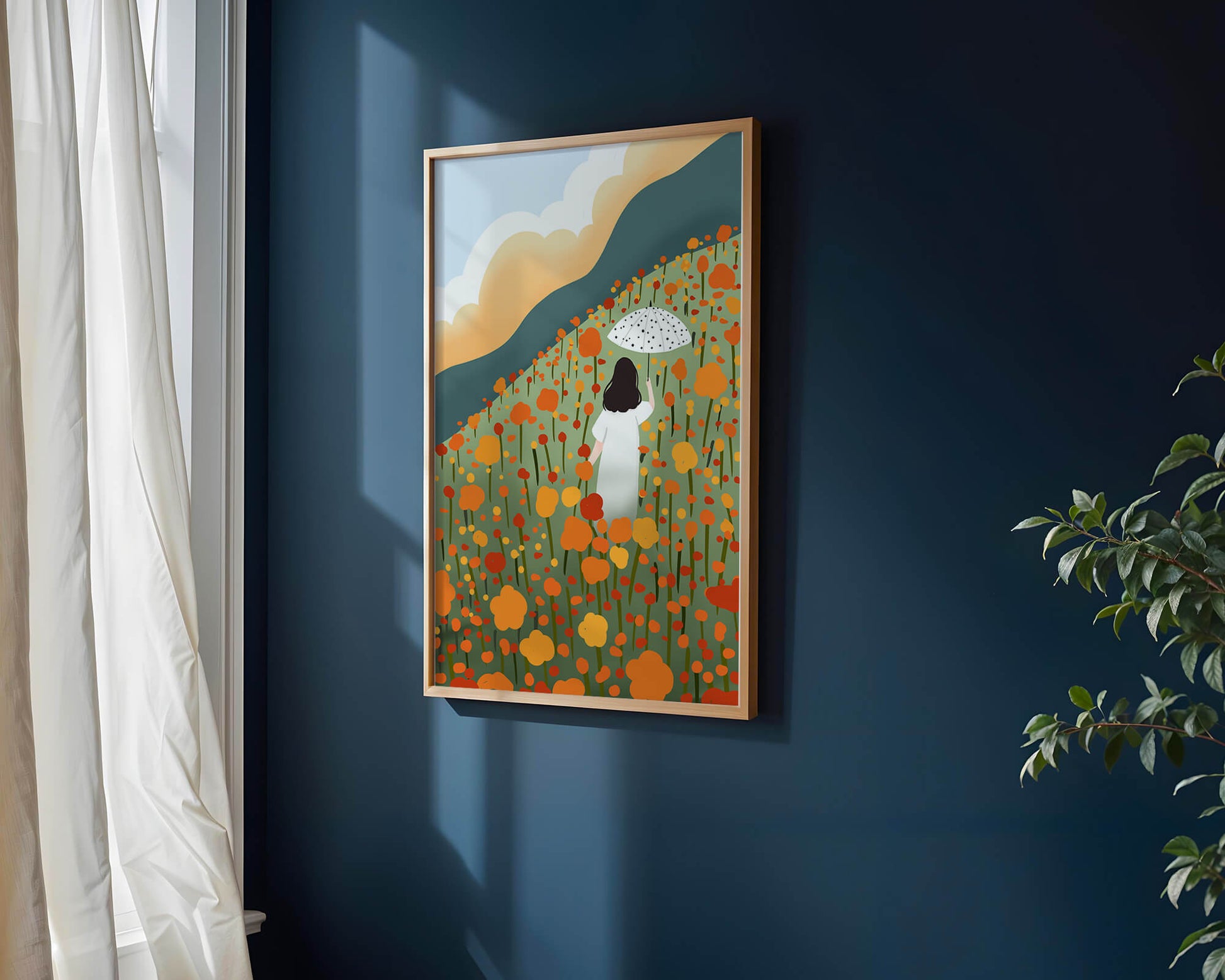 Woman with Umbrella in Blooming Field on a Sunny Day