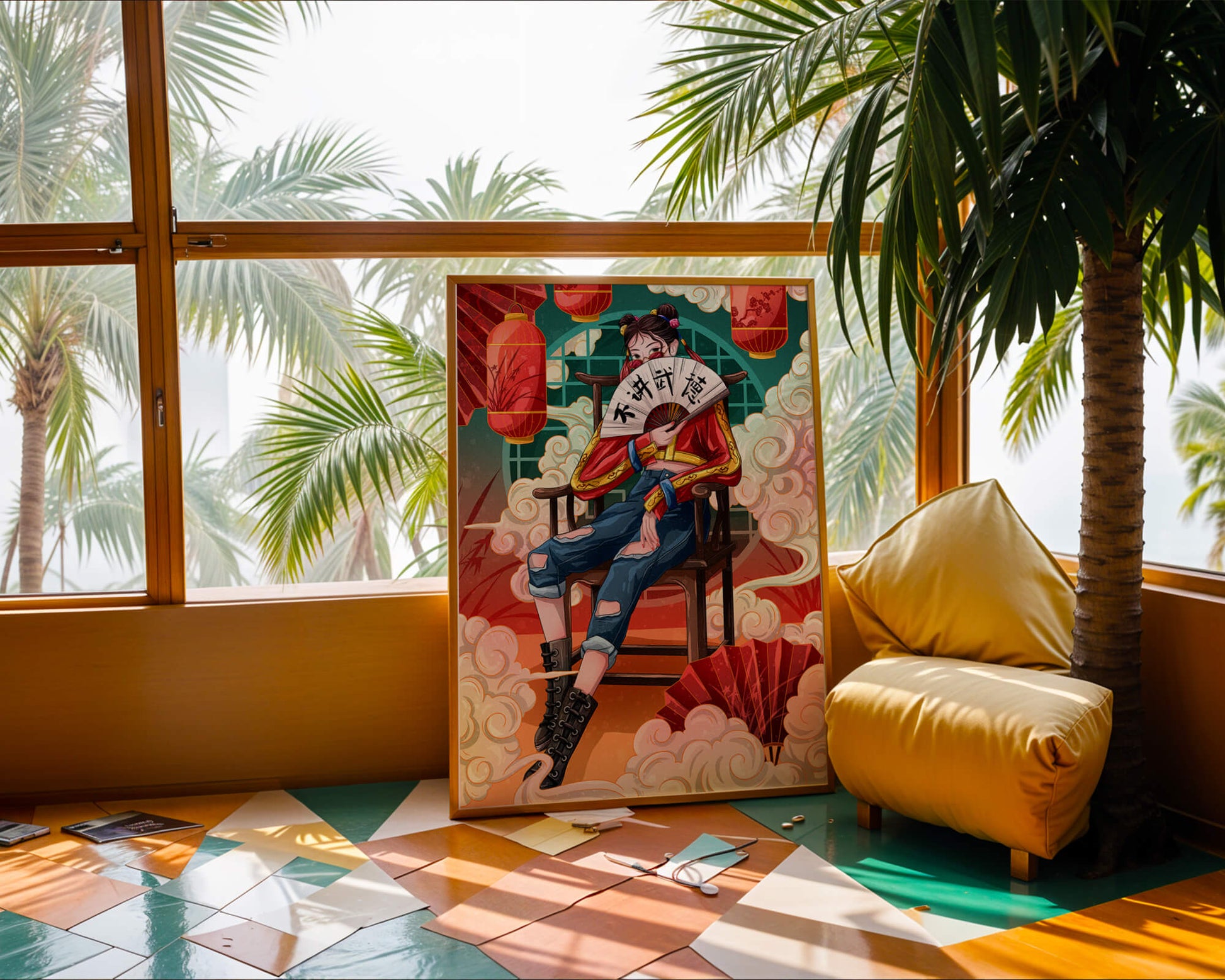 Female character with fan in colorful oriental setting