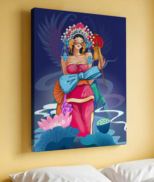 Colorful illustration of a woman in traditional attire with floral headdress