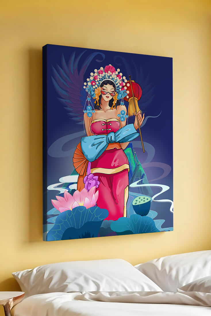 Colorful illustration of a woman in traditional attire with floral headdress