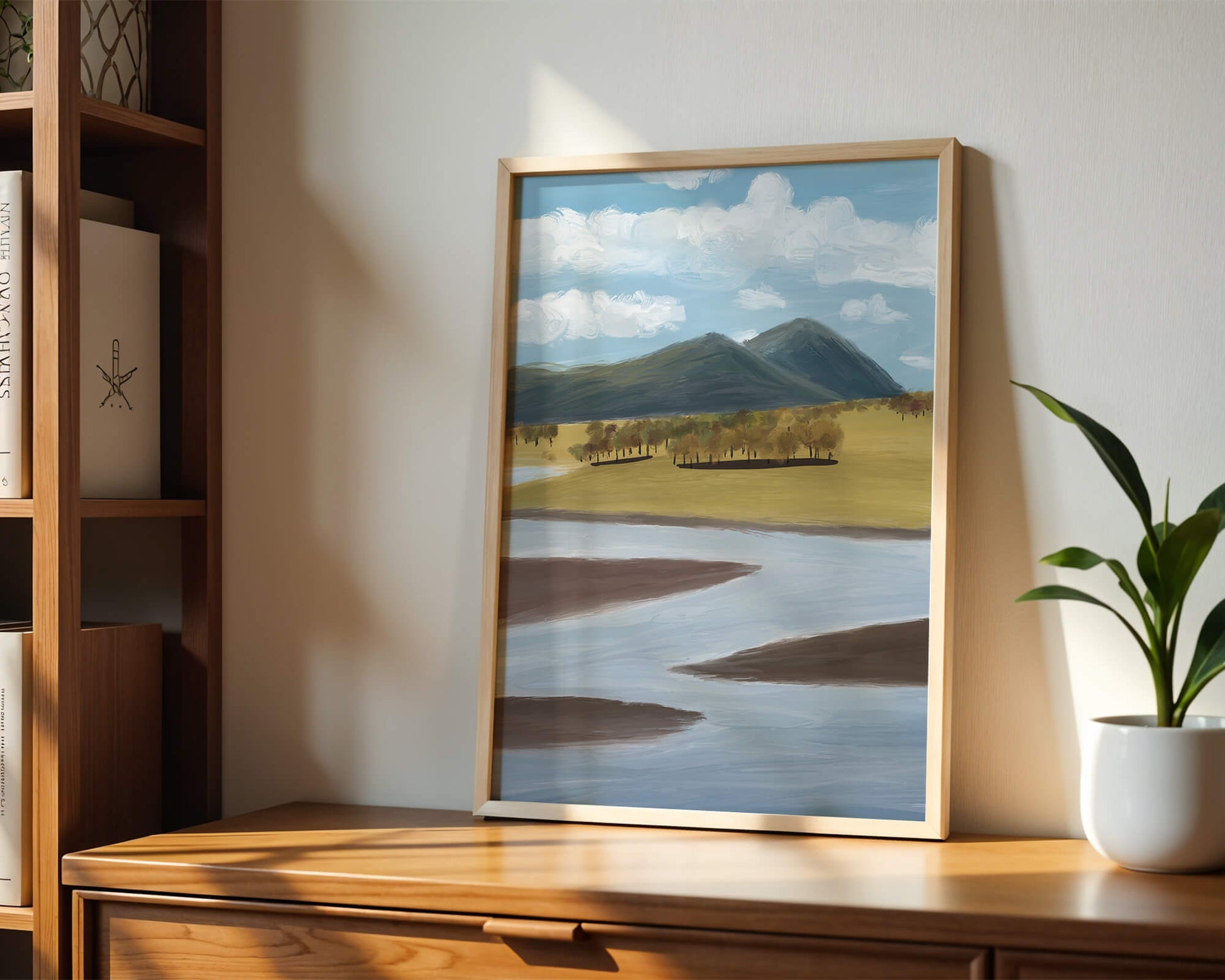 Serene Landscape with Mountains, Trees, and River