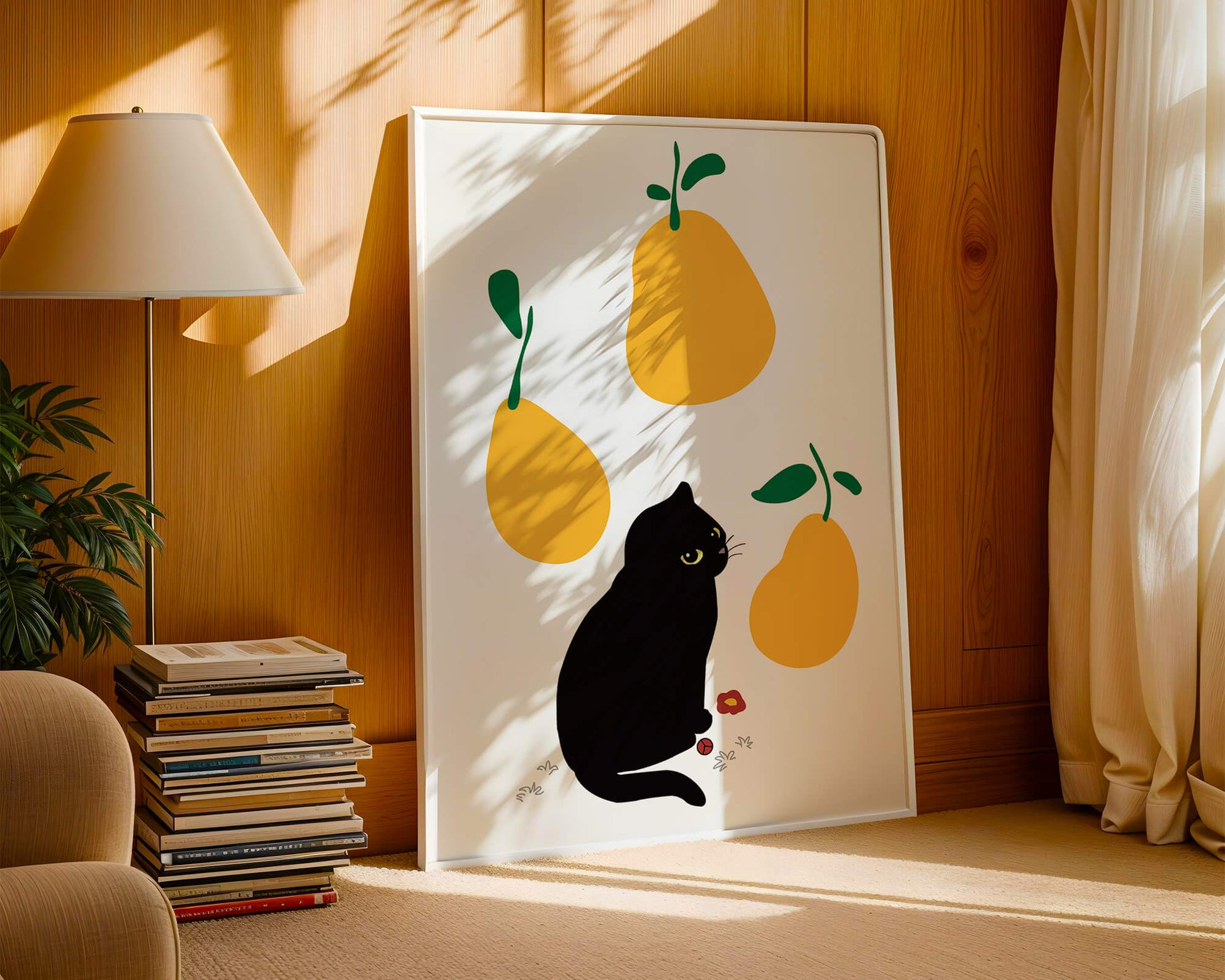 Ilustración de gato negro con peras amarillas y hojas verdes