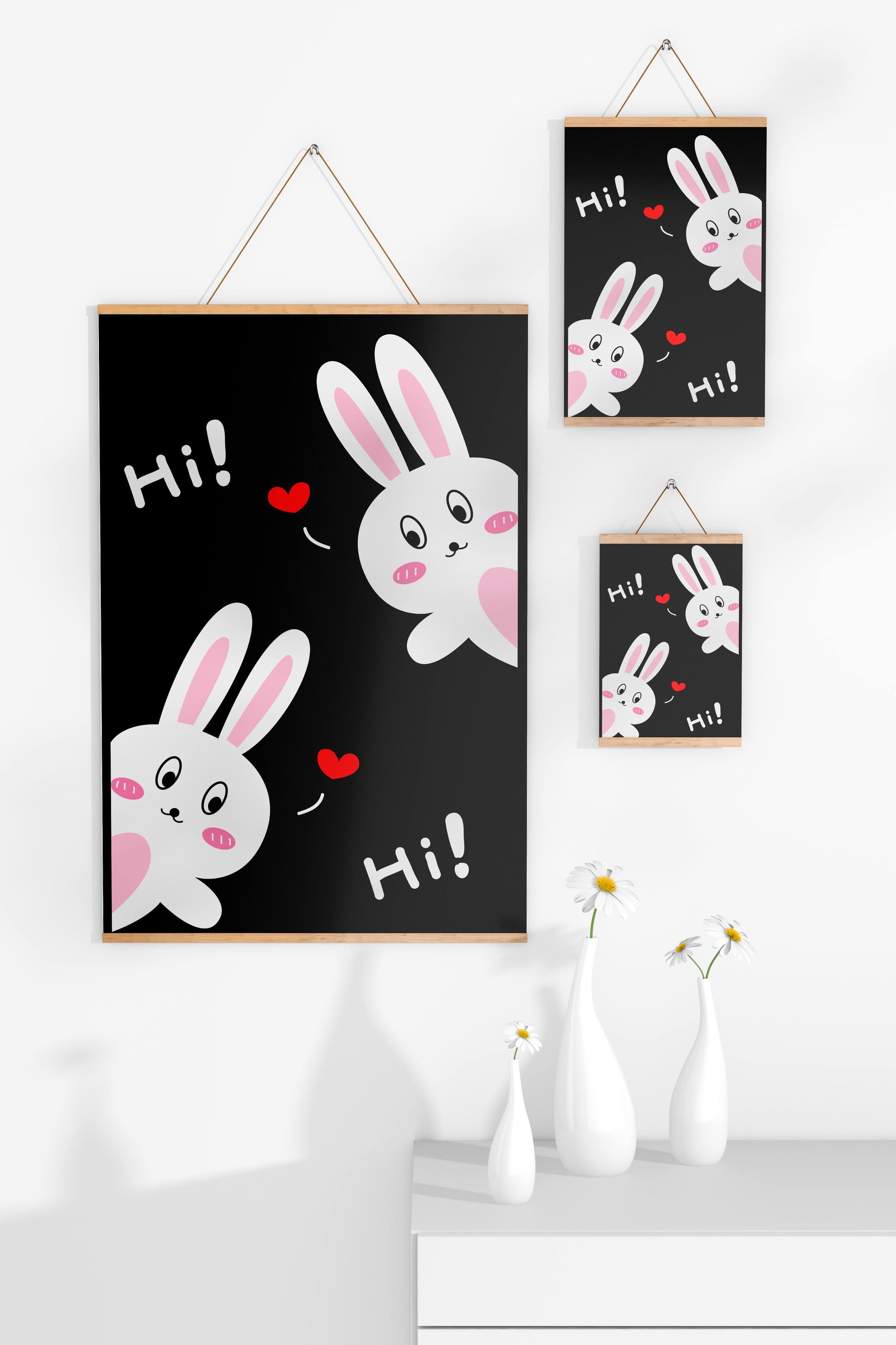 Charming bunny illustration with hearts on black background