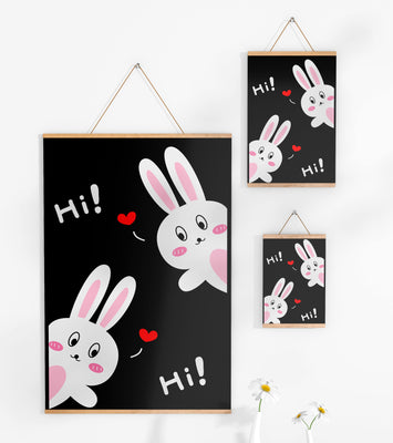 Charming bunny illustration with hearts on black background