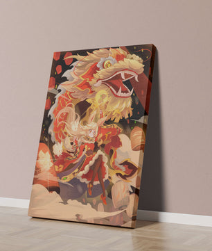 Personnage dynamique avec dragon et lanternes dans une œuvre d'art animée et vibrante