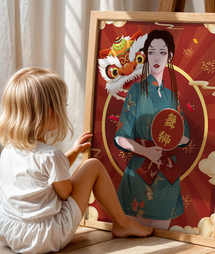 Elegant woman in traditional attire with lion dance mask in vibrant background