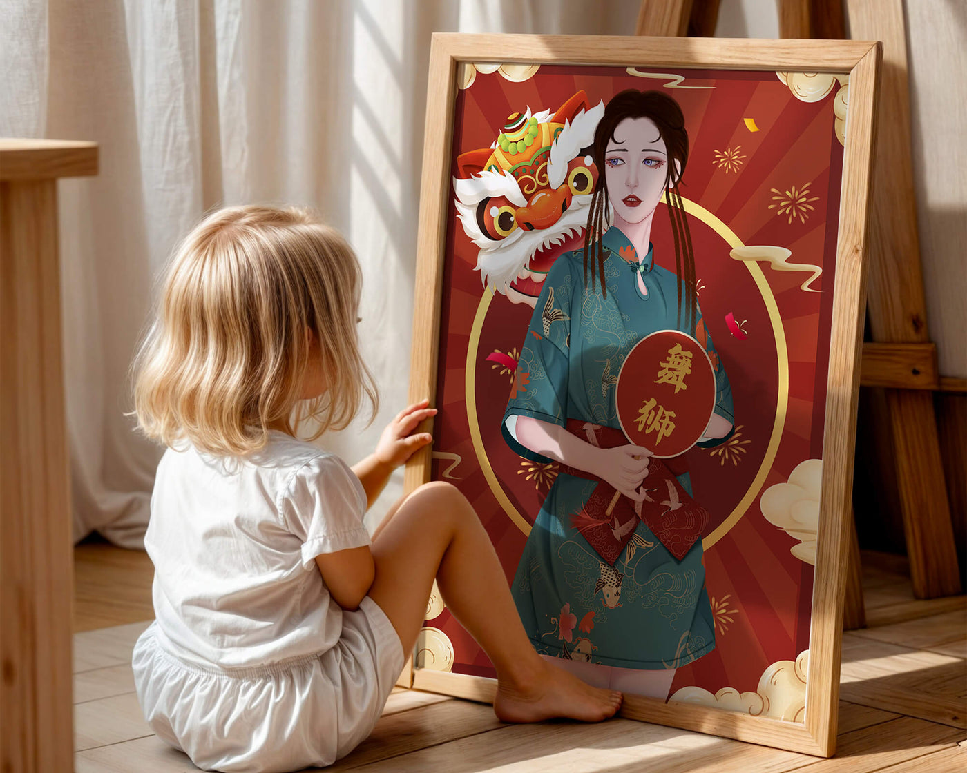 Elegant woman in traditional attire with lion dance mask in vibrant background