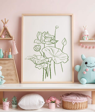 Botanische Illustration einer Lotusblume mit grüner Strichzeichnung auf weißem Hintergrund