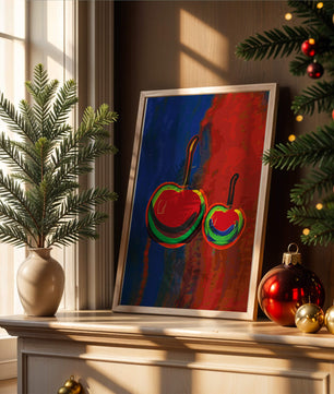 Pintura abstracta de cerezas con colores vibrantes