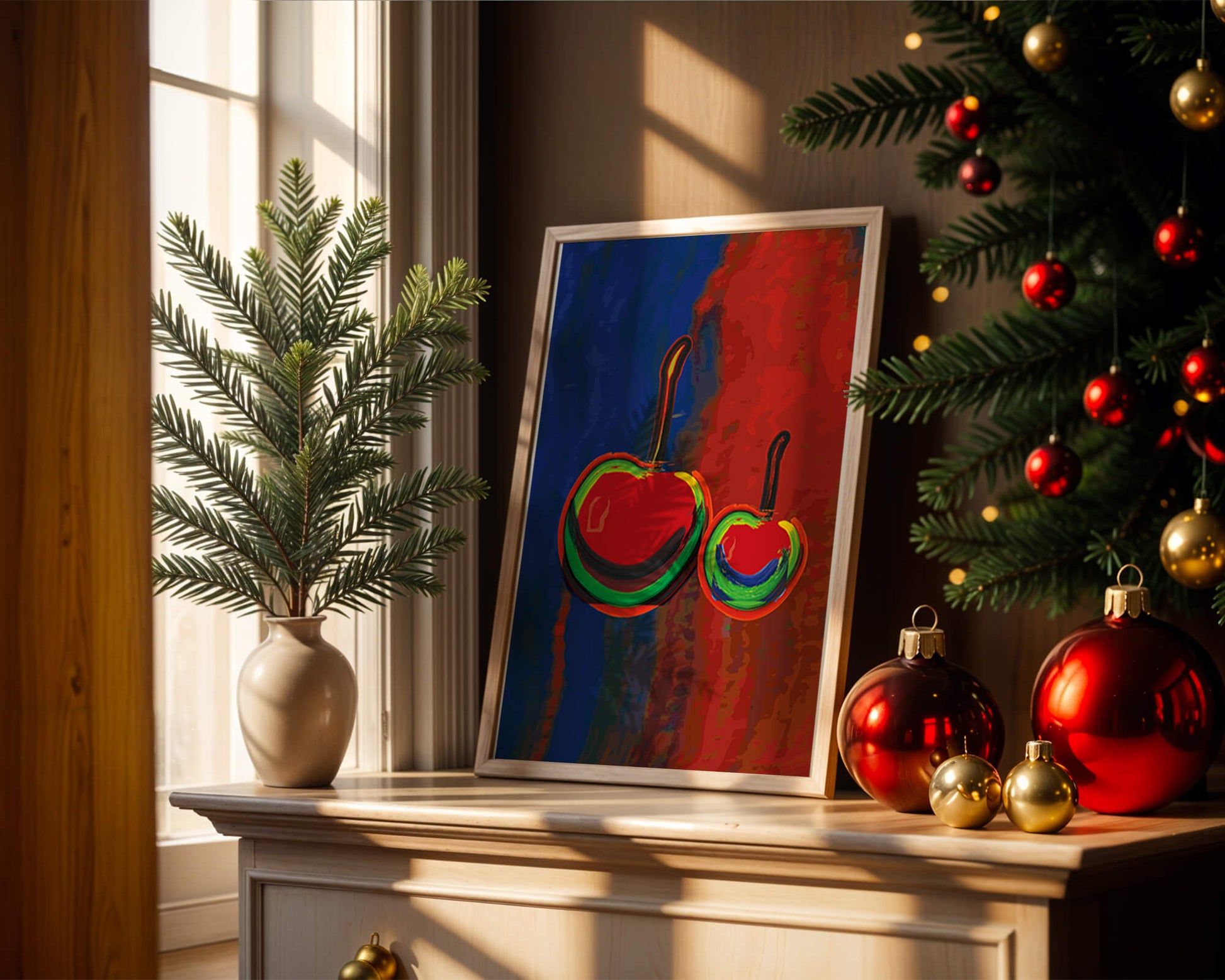 Pintura abstracta de cerezas con colores vibrantes.