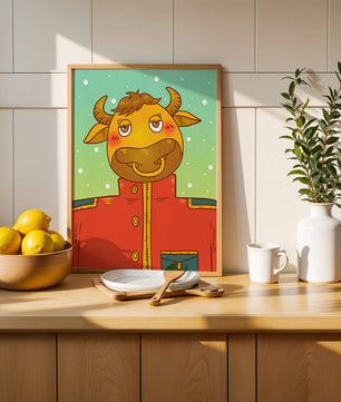 Cartoon cow character in a red coat against a snowy background
