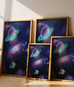 Colorful space illustration with planets and galaxy
