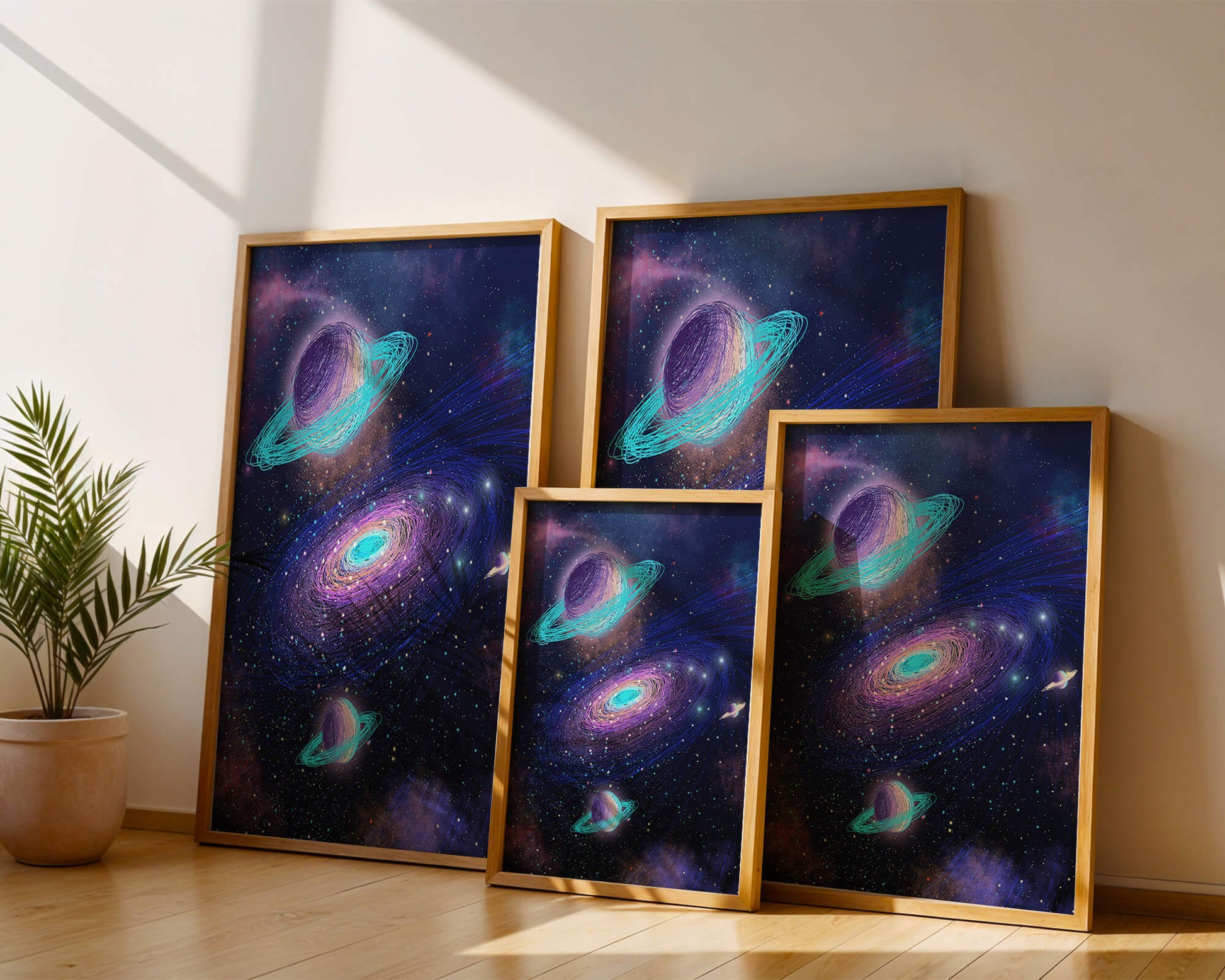 Colorful space illustration with planets and galaxy