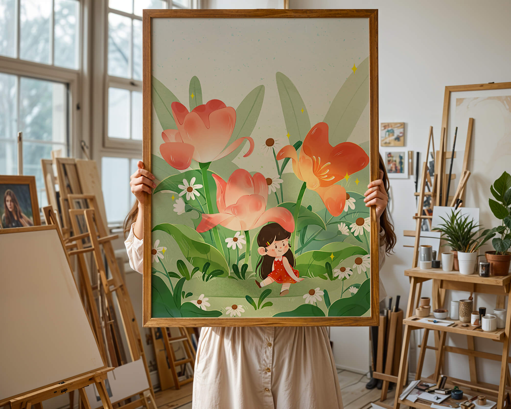 Charming floral garden with whimsical child illustration