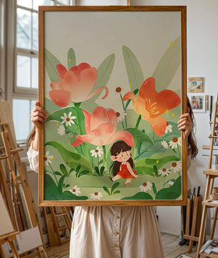 Encantador jardín floral con ilustración de niño caprichoso