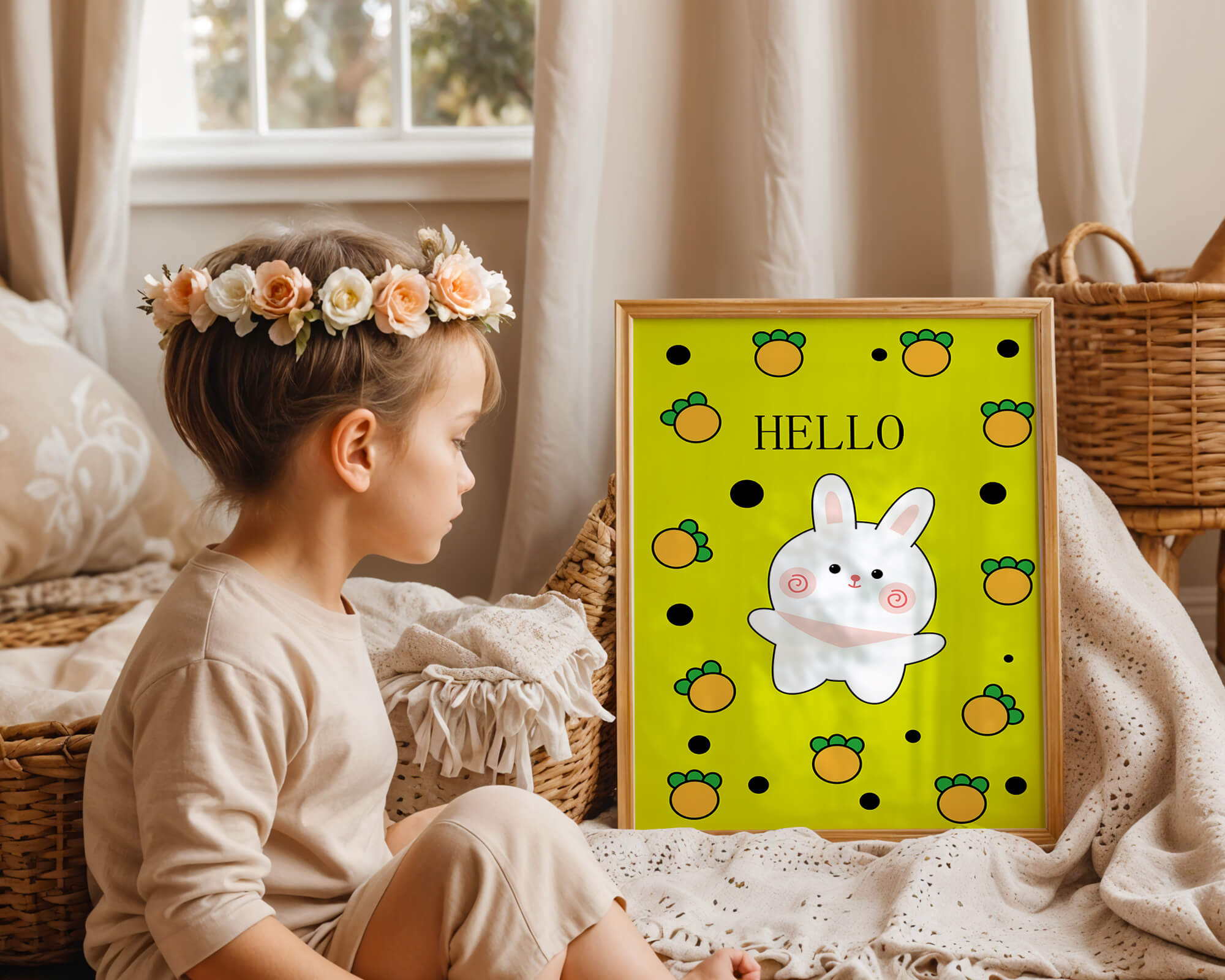 Charming rabbit cartoon illustration on yellow background with orange elements