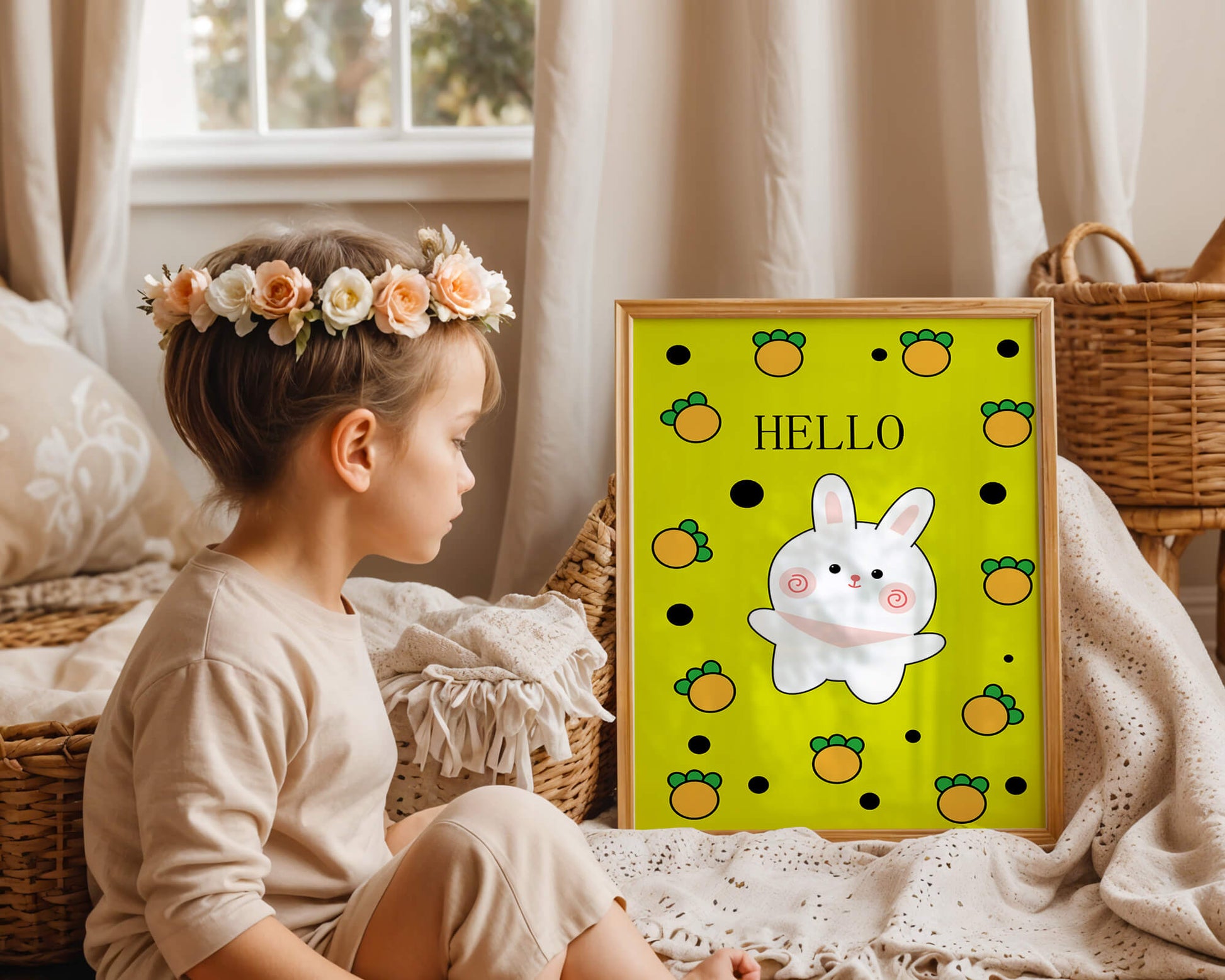 Charming rabbit cartoon illustration on yellow background with orange elements