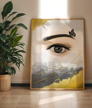 Artistic eye illustration with butterfly and abstract gold accents