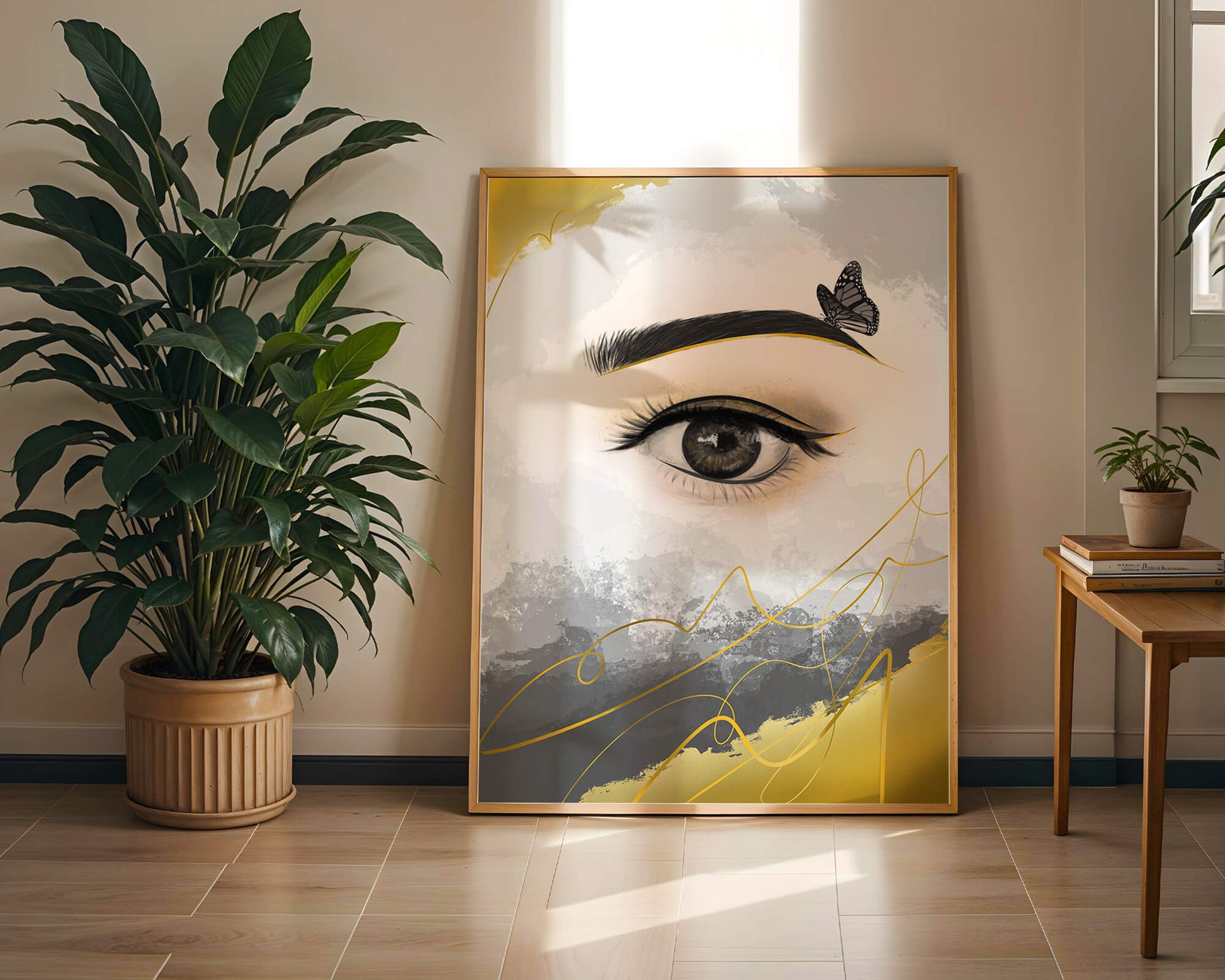 Artistic eye illustration with butterfly and abstract gold accents