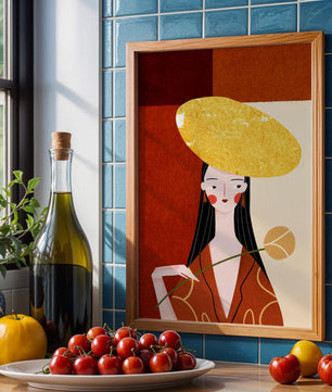 Elegant Woman with a Gold Hat and a Flower on a Red Background - Mi tienda