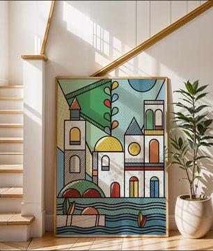 Paysage urbain géométrique coloré avec des éléments architecturaux modernes